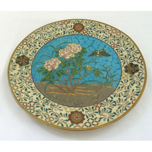 142 - A 19th century oriental cloisonné charger depicting butterflies, flowers and leaves, 30.5 (d)