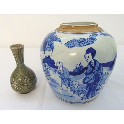 145 - Chinese blue and white ginger jar decorated with figures in a landscape, 22cm (h) and an olive green... 