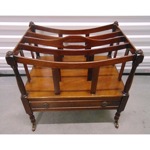 15 - A mahogany Canterbury of customary form with single drawer and original castors, 48 x 49 x 36.5cm