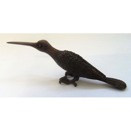 158 - A Japanese Okimono bronze figurine of a woodpecker, 4.5 x 2.5 x 13.5cm