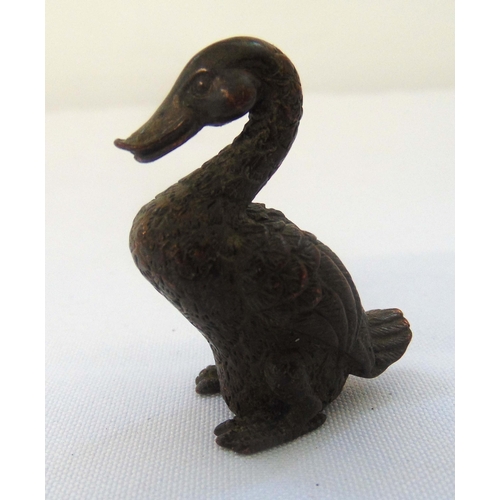 160 - A Japanese Okimono bronze figurine of a duck, marks to the base, 4.5 x 3.5cm