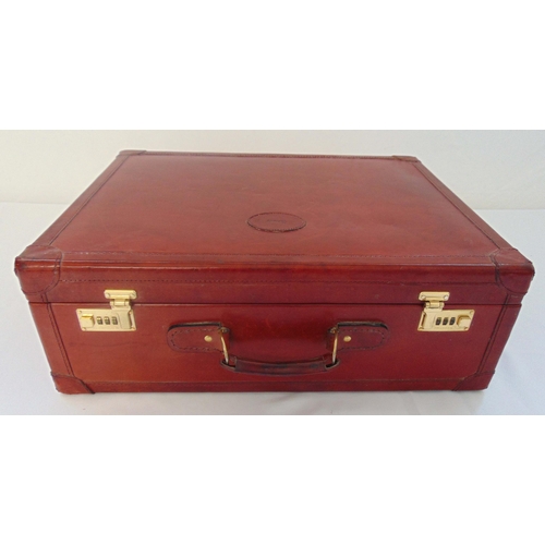 171 - Harrods rectangular red leather suitcase with lined interior, 21 x 61 x 46cm