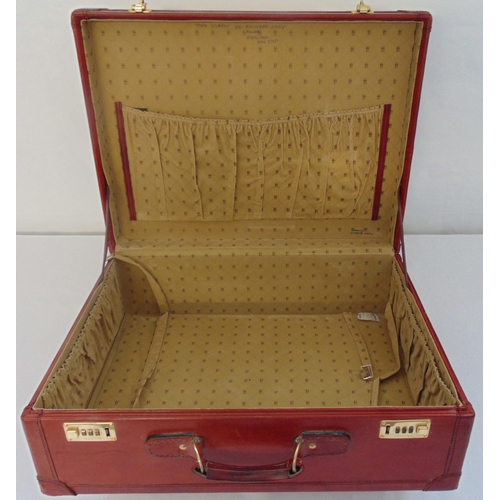 171 - Harrods rectangular red leather suitcase with lined interior, 21 x 61 x 46cm