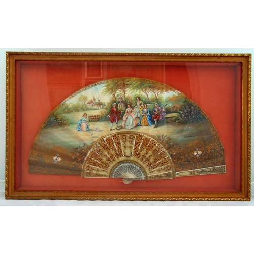 174 - A French 19th century framed and glazed fan with images of courtly scenes, signed T Ucher, 36 x 60.5... 