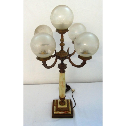 24 - An early 20th century five light marble and gilt metal table lamp stand on cylindrical stem and step... 