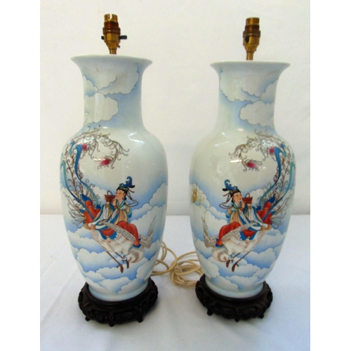 26 - A pair of Chinese porcelain table lamps decorated with figures in a landscape and with Chinese chara... 