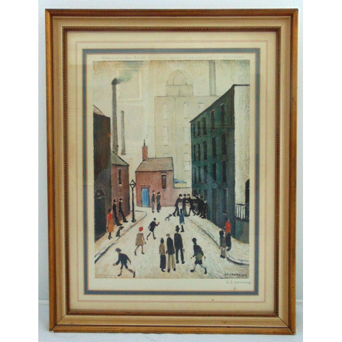 35 - L S Lowry framed and glazed polychromatic print titled Industrial Scene, blind stamped left, signed ... 