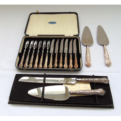 374 - A quantity of hallmarked silver flatware to include cake slices, bread knives and cased dessert eate... 