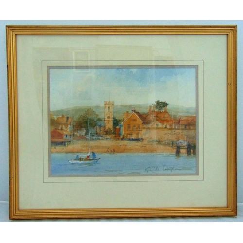 38 - Grenville Cottingham framed and glazed watercolour of a village by the sea, signed bottom right, 26 ... 