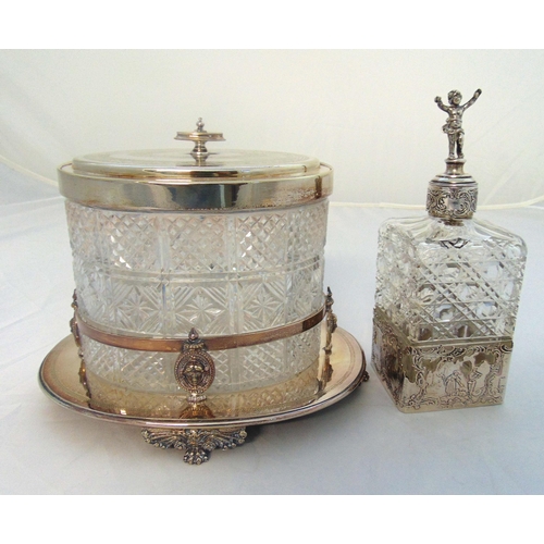 402 - A late Victorian cut glass and silver plated biscuit barrel on raised oval base and a white metal an... 