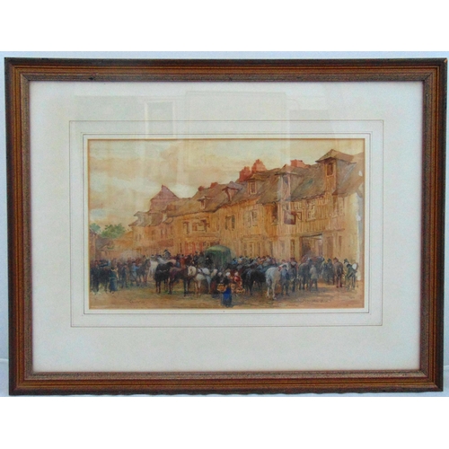 41 - A framed and glazed watercolour of a courtyard scene with figures and horses indistinctly signed, 22... 