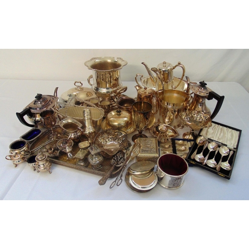 420 - A quantity of silver plate to include a teaset, a soup tureen and cover, a champagne cooler, condime... 