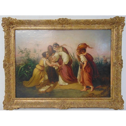 47 - A framed 19th century oil on panel Nazarene school titled Moses in the Bulrushes, 53.5 x 75cm