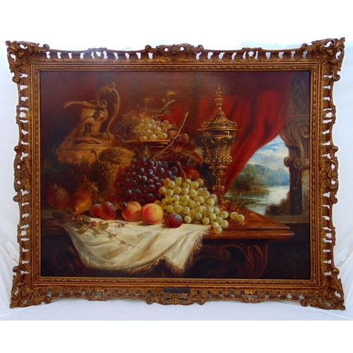 48 - A framed oil on canvas still life of fruit and a gilt chalice, attribted to Thomas Pelham, 69 x 90cm