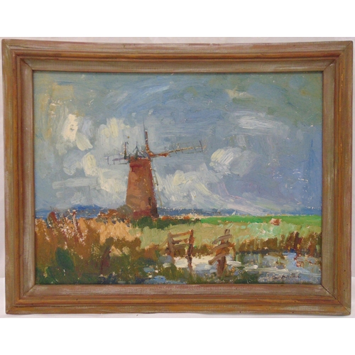 53 - Geoffrey Chatten framed oil on panel of a windmill, Waverley Mill near Fritton, signed bottom right,... 