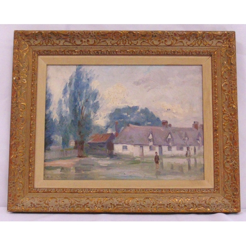 54 - William Mainwaring Palin framed oil on board of a village scene, signed bottom left, labels and dedi... 