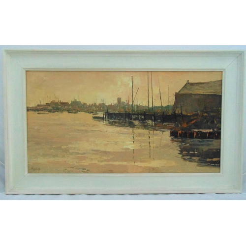 57 - A framed oil on canvas of a harbour scene indistinctly signed bottom left, 39 x 75cm