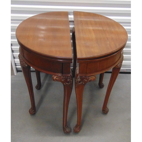 6 - Two early 20th century demilune games tables on scroll carved tapering legs, 76 x 76 x 37.5cm