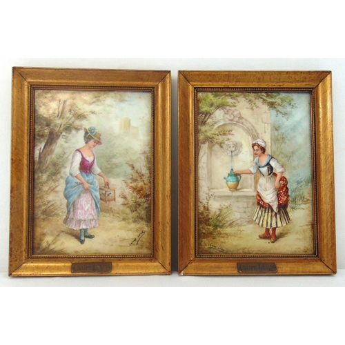 62 - Laure Levy a pair of framed oils on porcelain images of ladies doing outdoor chores, signed left and... 