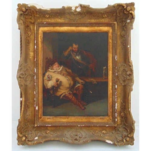 63 - A framed 19th century oil on canvas of Falstaff in customary pose, 31 x 26cm