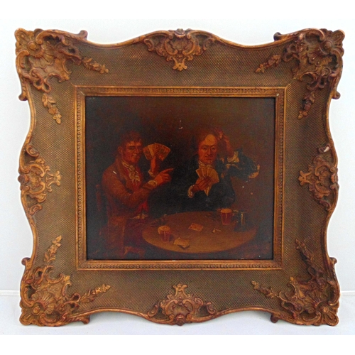 64 - A framed 19th century continental oil on board of two card players, 19.5 x 28cm