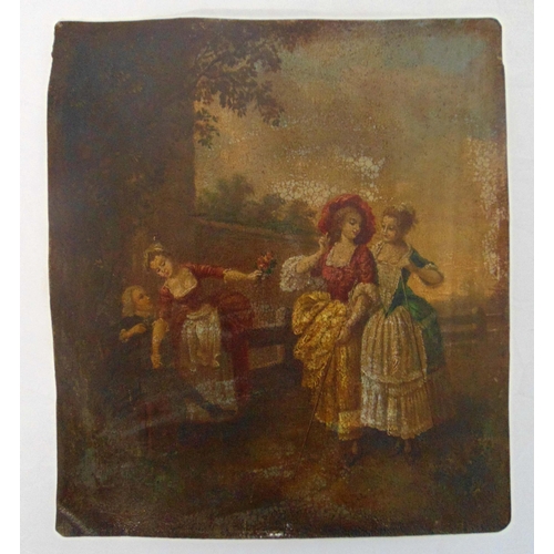 65 - A rectangular 18th century oil painting on copper of fashionable female figures promenading, 23 x 21... 