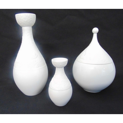 83 - Rosenthal blanc de chine two vases and dish and cover, tallest 22cm (h)