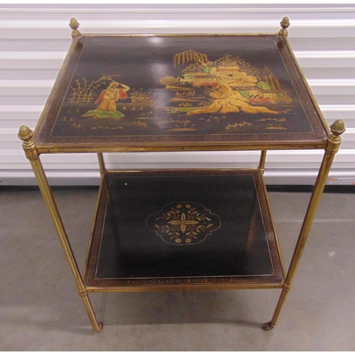 9 - A rectangular gilt metal two tier occasional table decorated with an oriental landscape, on original... 