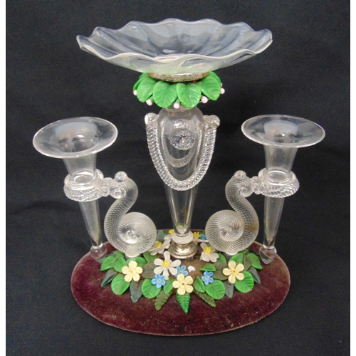 116 - Victorian table centrepiece with two detachable glass vases and a bonbon dish on a bed of glass flow... 