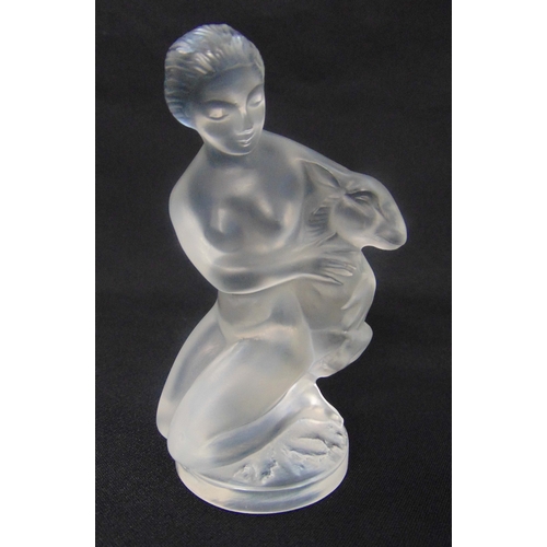 124 - Lalique frosted glass figurine of a lady holding a lamb, signed to the base, 11cm (h)