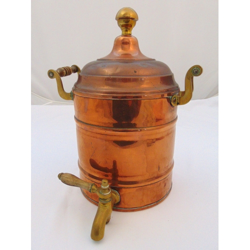 157 - A copper water canister with tap and two side handles and domed pull off cover, 36cm (h)