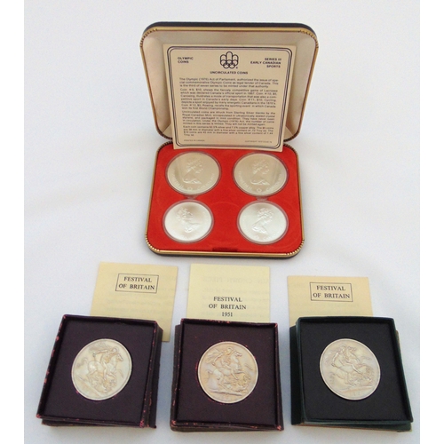 218 - A cased set of Montreal Olympic Sterling silver coins to include COA and three 1951 Festival of Brit... 