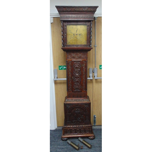 266 - A carved country oak long case clock with brass dial, Arabic numerals, subsidiary dials, to include ... 