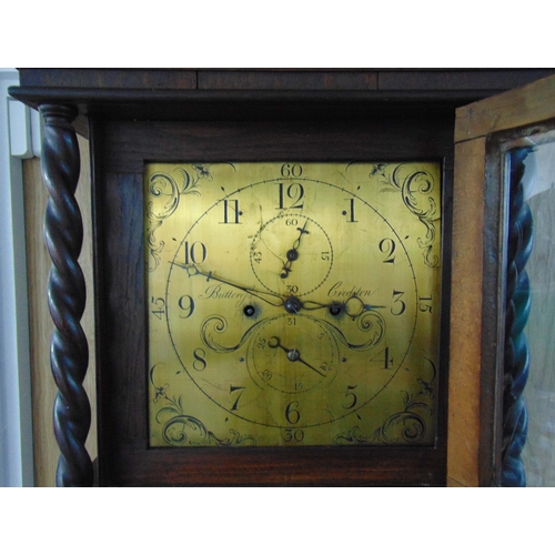 266 - A carved country oak long case clock with brass dial, Arabic numerals, subsidiary dials, to include ... 