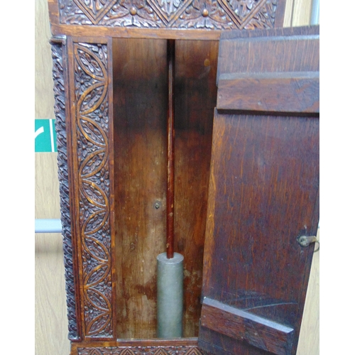 266 - A carved country oak long case clock with brass dial, Arabic numerals, subsidiary dials, to include ... 