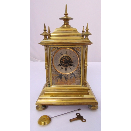 270 - A late 19th century French mantle clock, the rectangular brass case with metal dial and Roman numera... 