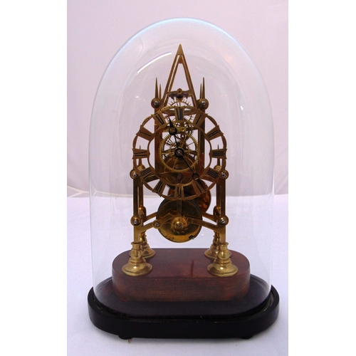 271 - A 19th century skeleton clock with Roman numerals, wooden plinth and glass dome to include pendulum