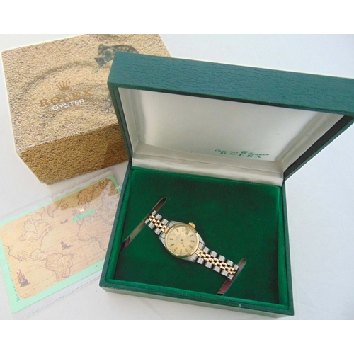 278 - Rolex Oyster Perpetual Date ladies stainless steel and gold wristwatch to include box, paperwork and... 