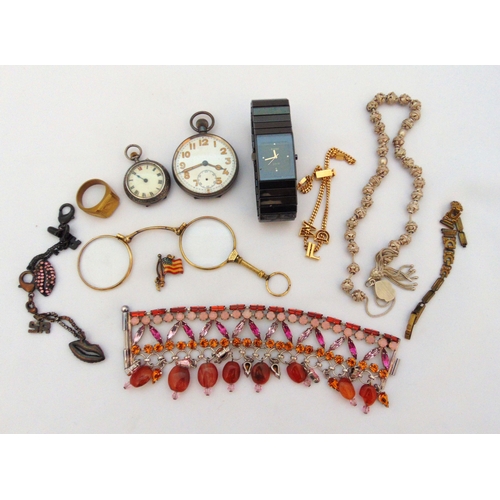 305 - A quantity of costume jewellery to include bracelets, white metal worry beads, lorgnettes, watches a... 