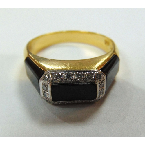 323 - 18ct yellow gold Art Deco style black onyx and diamond ring, approx total weight 6.1g