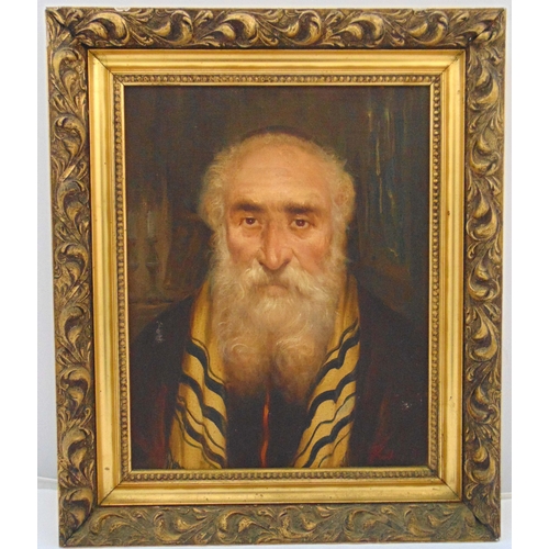 68 - A framed oil on canvas of a Rabbi wearing striped prayer shawl, indistinctly signed bottom right, 52... 