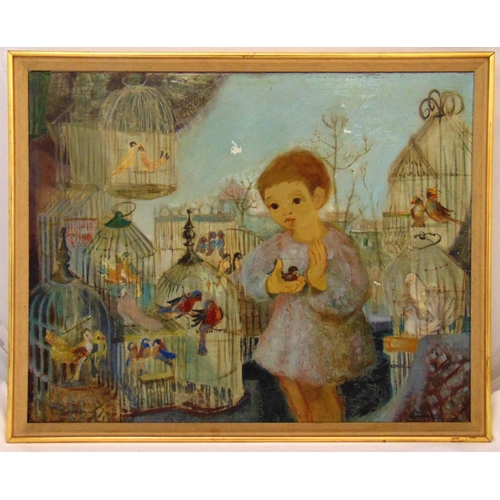 69 - Paul Lavarenne framed oil on canvas titled The Bird Market, signed and dated 1955 bottom right, 73 x... 