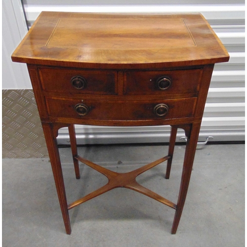 10 - An Edwardian bow fronted rectangular occasional table with three drawers on four tapering legs, 74 x... 