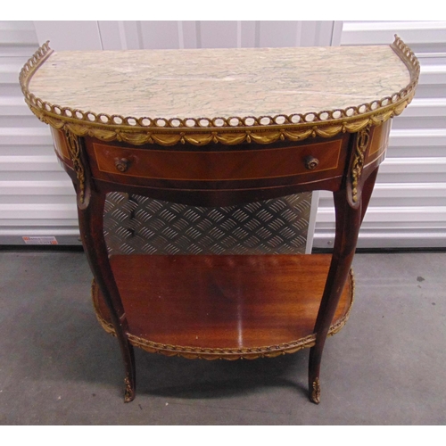 12 - A continental demi-lune Kingswood and mahogany occasional table with galleried marble top, gilt meta... 