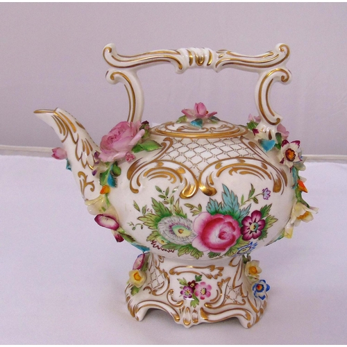 121 - Colebrookdale by Coleport bocage Rococo style teapot with scroll handle on shaped rectangular stand ... 