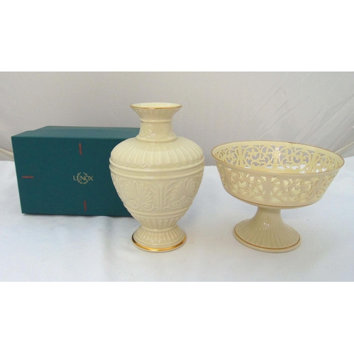 126 - A cased Lenox Athenian porcelain vase, 24cm (h) and a Lenox pierced pedestal centrepiece bowl with g... 