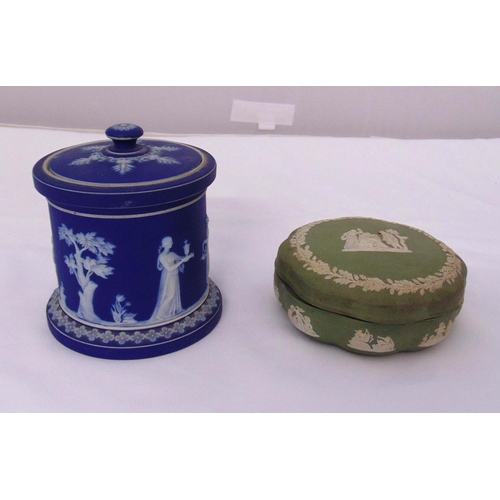 143 - Wedgwood Jasperware tobacco jar and cover and a powder dish and cover, marks to the bases, 12,5cm (h... 