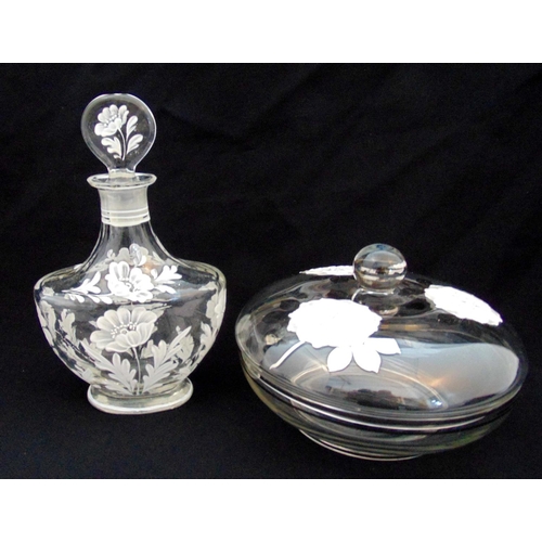 171 - A French decanter with drop stopper decorated with white flowers and a large bowl and cover with mat... 