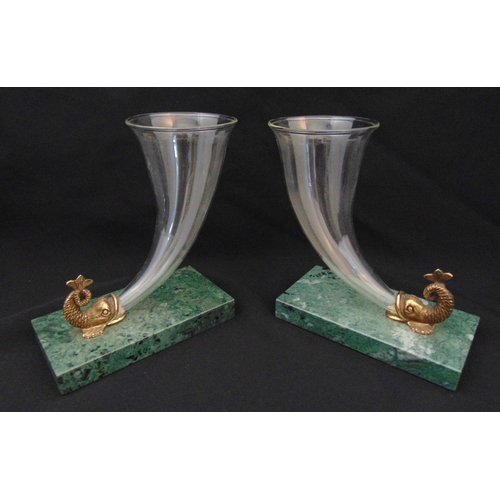 173 - A pair of marble based glass cornucopia vases with dolphin mounts, 18 x 16cm