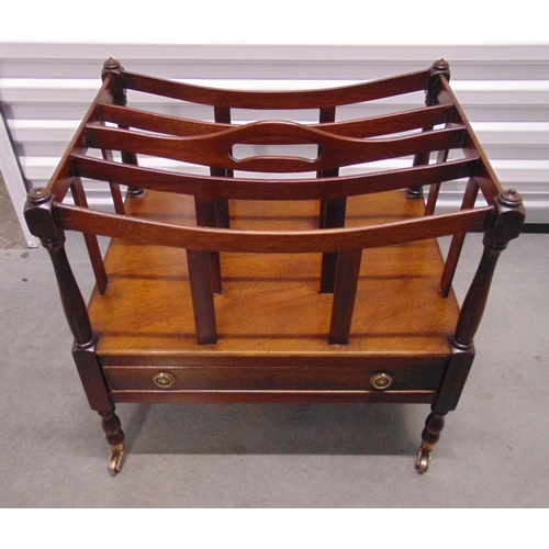 20 - An early 20th century mahogany Canterbury of customary form with single drawer and original castors,... 